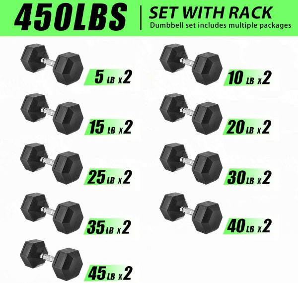 Dumbbells Weight Sets with Rack,450 lbs Dumbbell Sets 9 Pair,Hand Weights Rack with Dumbbell Sets - 5-45 lb Pair Rubber Dumbbells Set for Your Home Gym